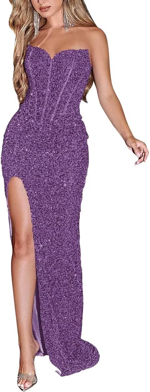 Sparkly Sequin Prom Dresses for Women 2025 Long Mermaid Strapless Glitter Formal Evening Prom Ball Gown with Slit
