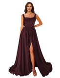 Cowl Neck Satin Prom Dresses Corset Ball Gown Long Puffy A-Line Formal Evening Gown with Slit