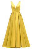 Glitter Satin Prom Dresses for Women Long V Neck A-Line Pleated Formal Evening Party Gowns with Pockets