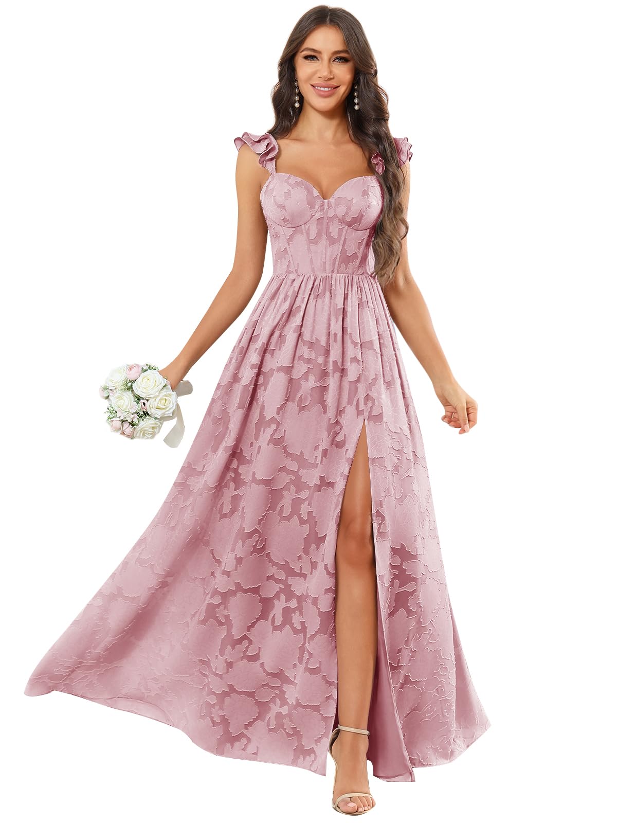 Chiffon Floral Bridesmaid Dresses with Slit Sleeveless Corset Ruffle A Line Long Formal Evening Gowns
