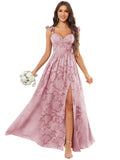 Chiffon Floral Bridesmaid Dresses with Slit Sleeveless Corset Ruffle A Line Long Formal Evening Gowns