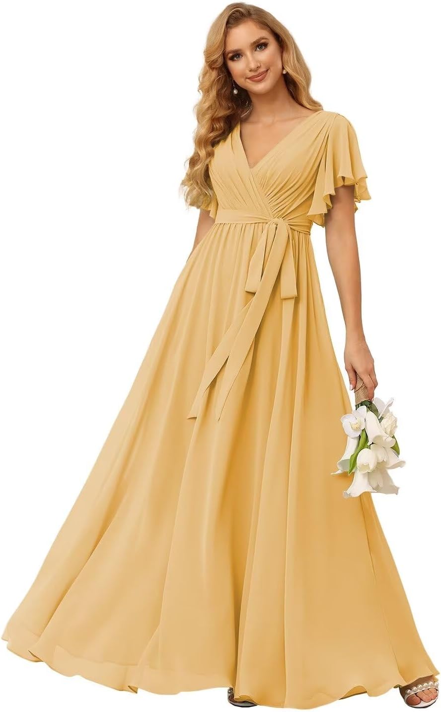 Damen Brautjungfernkleider mit Flatterärmeln, lang, mit Taschen, V-Ausschnitt, Chiffon, formelle Kleider 