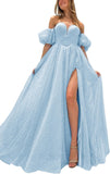 Tulle Prom Dresses for Women 2027 Sparkly Puffy Sleeves Long Ball Gowns with Slit A-Line Evening Dresses