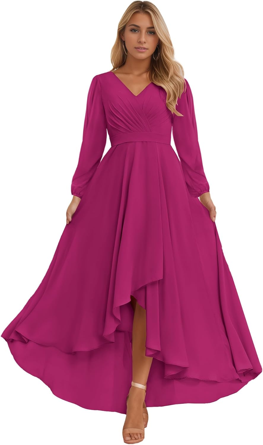 Long Sleeve Bridesmaid Dresses for Women 2025 V Neck Ruched Chiffon Formal Dress