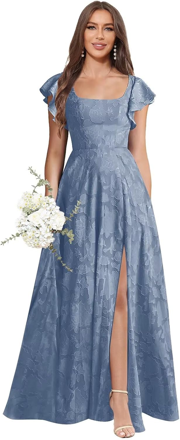 Floral Bridesmaid Dresses for Women Long A-Line Square Neck Lace Formal Evening Gown with Sleeves Slit