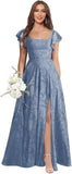 Floral Bridesmaid Dresses for Women Long A-Line Square Neck Lace Formal Evening Gown with Sleeves Slit