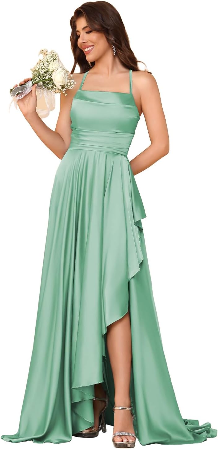 Women's Long Satin Bridesmaid Dresses Spaghetti Strap Halter Formal Evening Gown Ruffle High Low Wedding Guest Dress