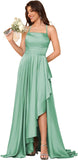 Women's Long Satin Bridesmaid Dresses Spaghetti Strap Halter Formal Evening Gown Ruffle High Low Wedding Guest Dress