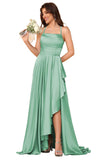 Women's Long Satin Bridesmaid Dresses Spaghetti Strap Halter Formal Evening Gown Ruffle High Low Wedding Guest Dress