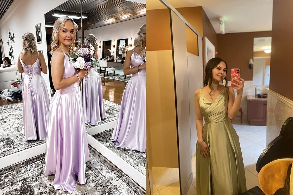 Lange Brautjungfernkleider für Frauen, formelle Satin-Spaghettiträger, Abschlussball- und Abendkleider 