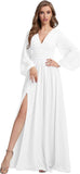 Womens V-Neck Long Sleeve Bridesmaid Dresses with Slit 2024 Ruched A-line Chiffon Prom Formal Dresses