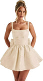 Jacquard Satin Homecoming Dresses for Teens Spaghetti Straps Short Prom Dress A-line Cocktail Party Gowns with Bow