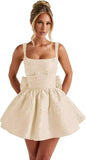 Jacquard Satin Homecoming Dresses for Teens Spaghetti Straps Short Prom Dress A-line Cocktail Party Gowns with Bow