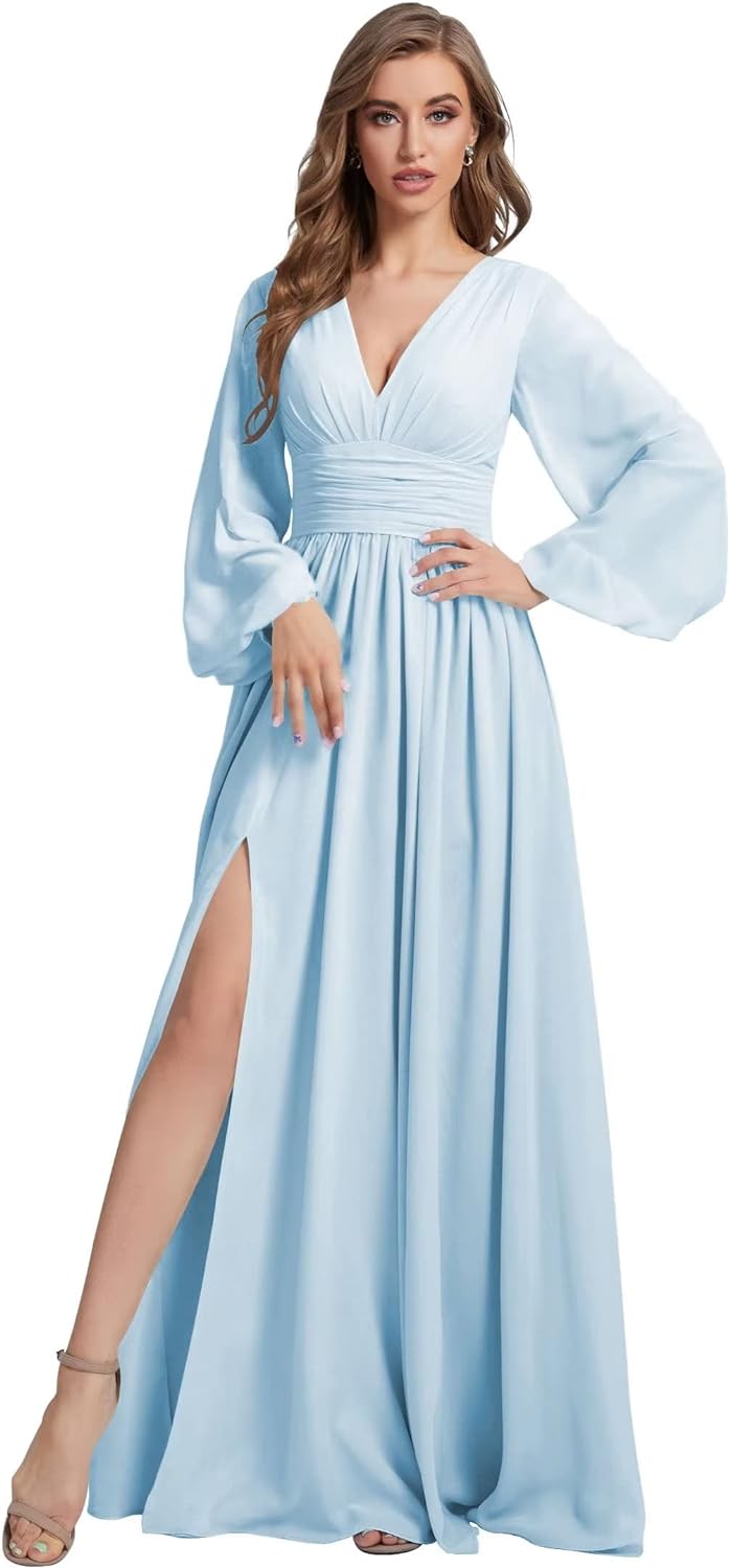 Womens V-Neck Long Sleeve Bridesmaid Dresses with Slit 2024 Ruched A-line Chiffon Prom Formal Dresses