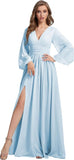 Womens V-Neck Long Sleeve Bridesmaid Dresses with Slit 2024 Ruched A-line Chiffon Prom Formal Dresses