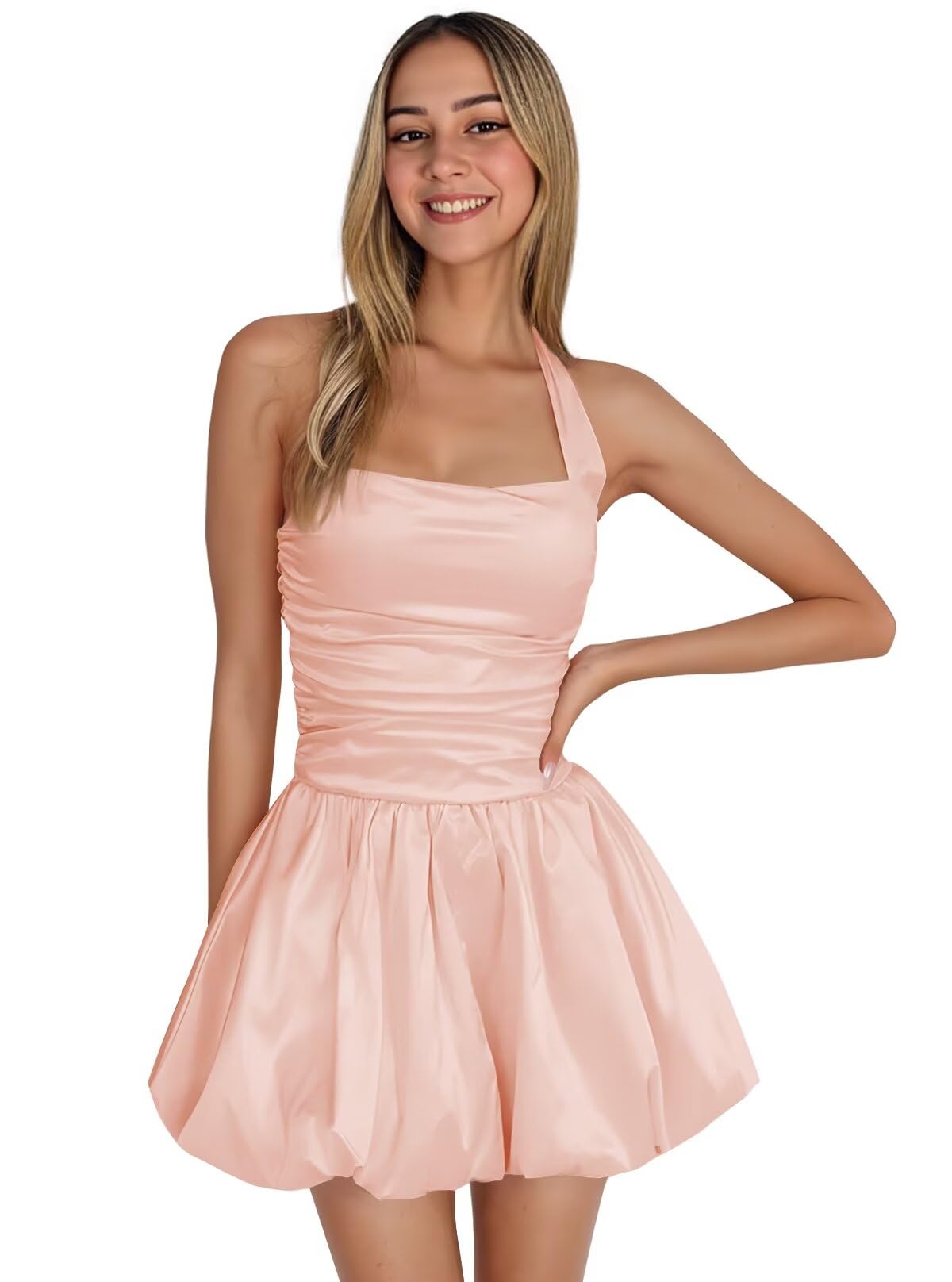 Satin Halter Homecoming Dresses for Teens Short Prom Dress 2027 Flower Bud Ruched Formal Cocktail Gown with Pockets