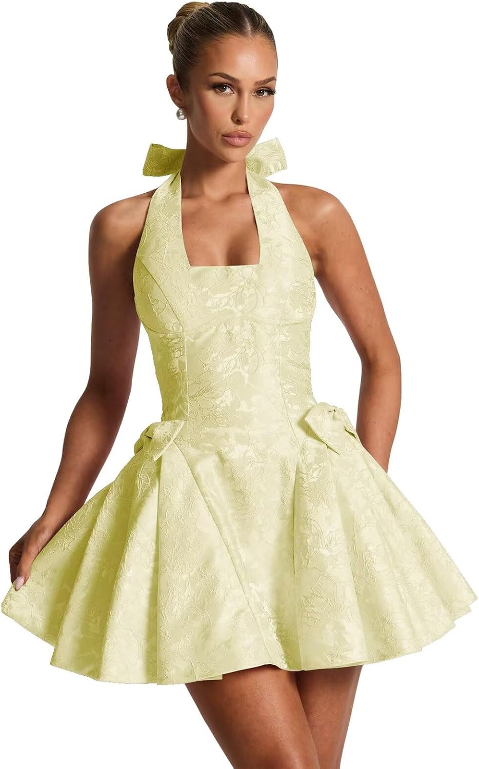 Satin Jacquard Halter Homecoming Dresses with Bow for Teens Mini A-Line Puffy Cocktail Corset Evening Party Gown
