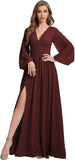 Womens V-Neck Long Sleeve Bridesmaid Dresses with Slit 2024 Ruched A-line Chiffon Prom Formal Dresses
