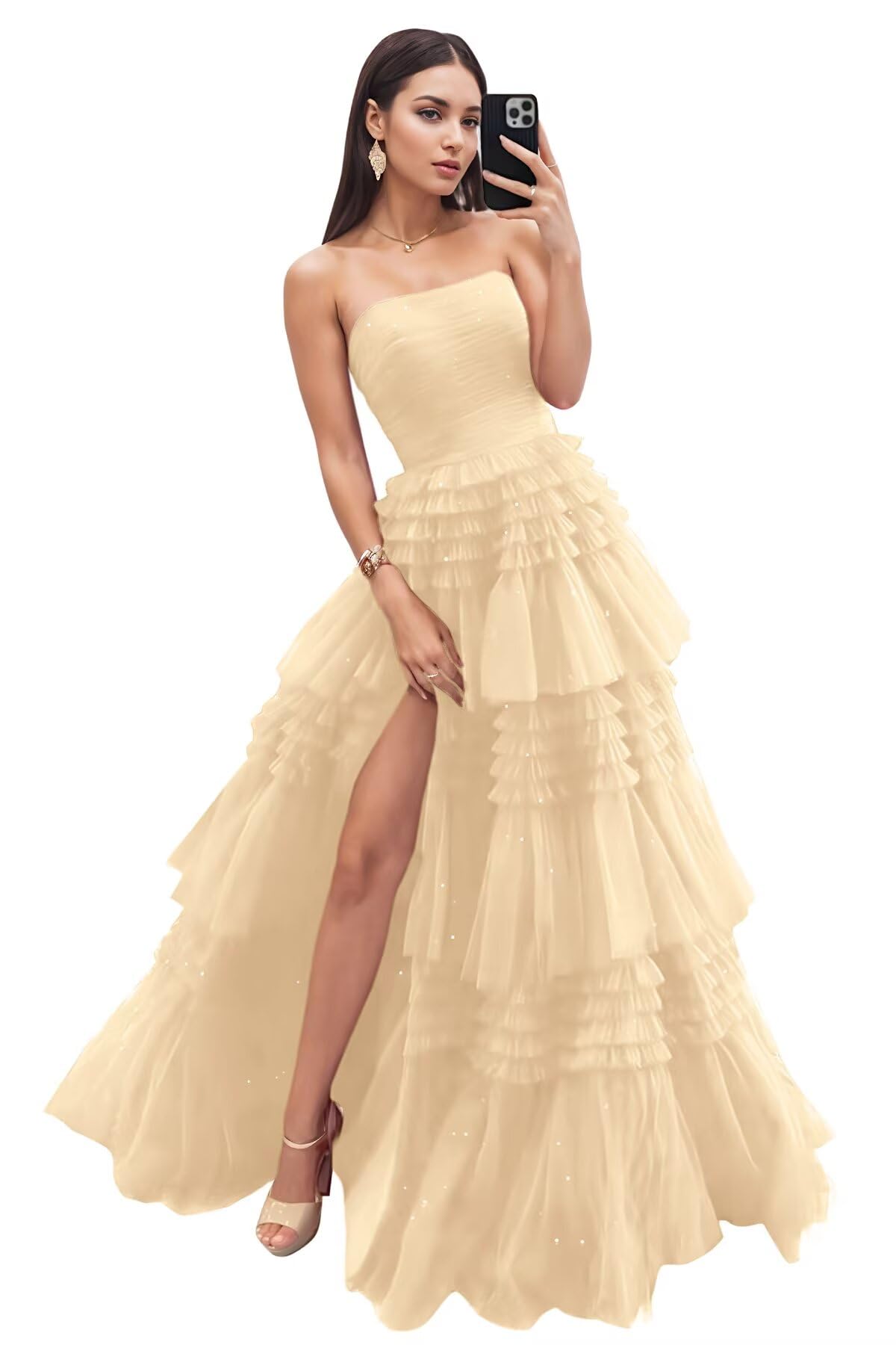 Strapless Tiered Tulle Prom Dresses for Women 2027 Long Sparkly A-Line Formal Evening Party Ball Gowns with Slit