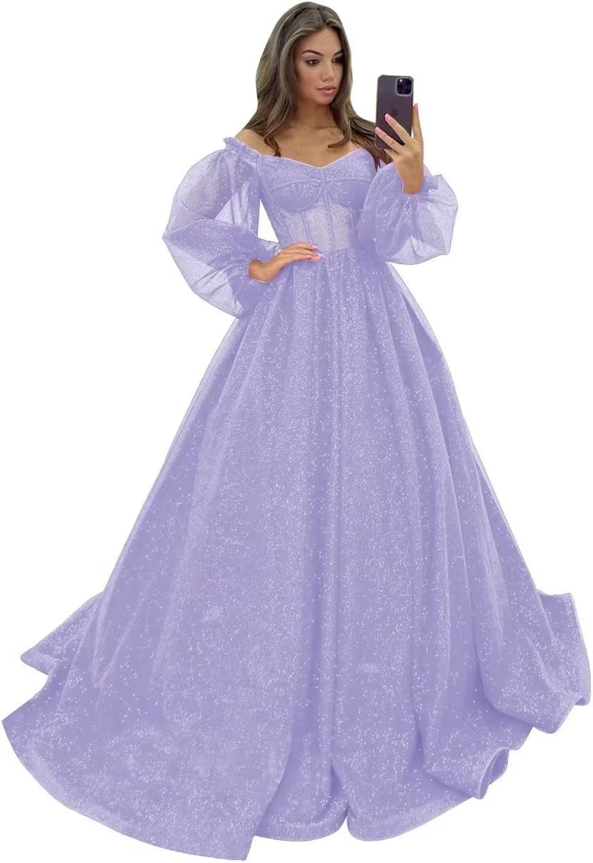 Puffy Sleeve Glitter Prom Dresses Women's Ball Gown Off Shoulder Formal Evening Gown Princess Quinceanera Dress