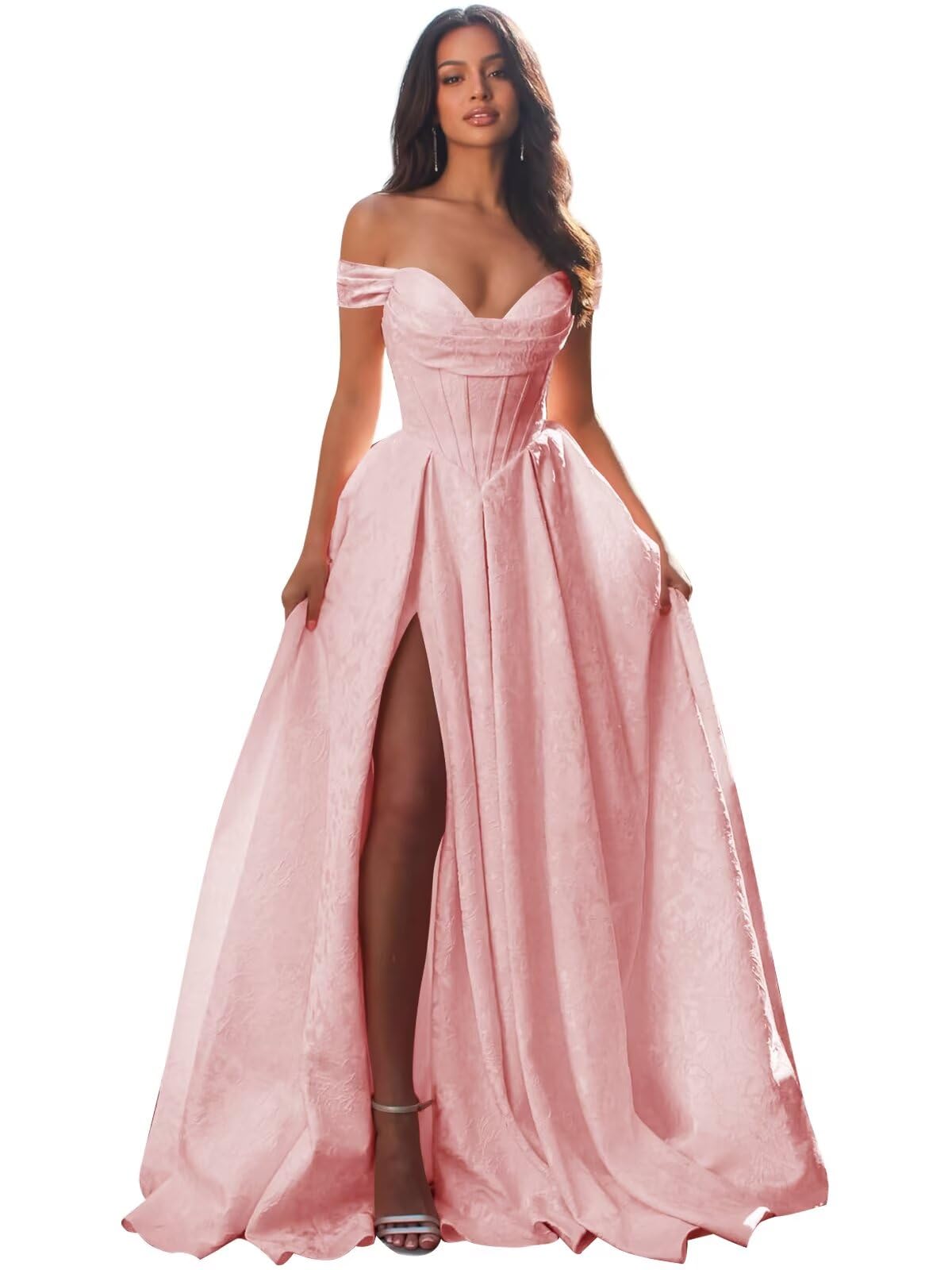 Jacquard Satin Prom Dresses Off the Shoulder Corset A Line Long Formal Gown Sweetheart Neck Party Dress with Slit