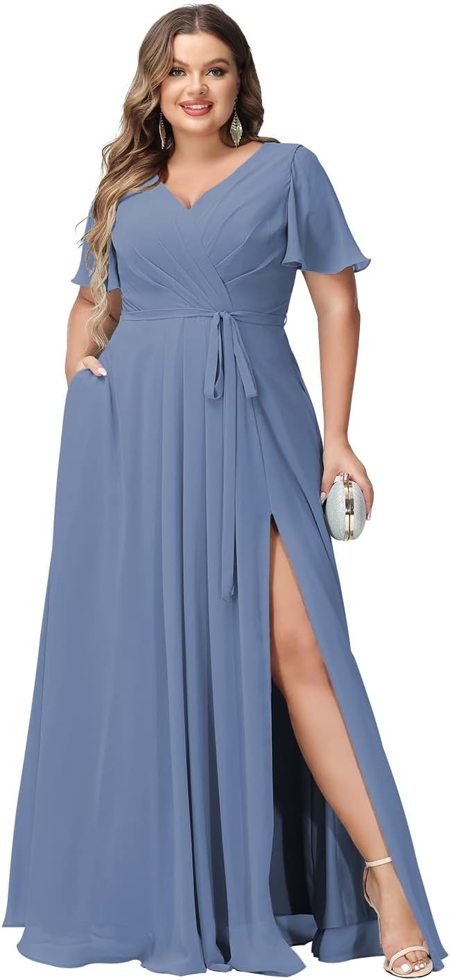Plus Size Bridesmaid Dresses with Pockets V Neck Chiffon Flutter Sleeves Formal Evening Gowns with Slit