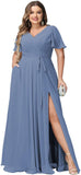 Plus Size Bridesmaid Dresses with Pockets V Neck Chiffon Flutter Sleeves Formal Evening Gowns with Slit