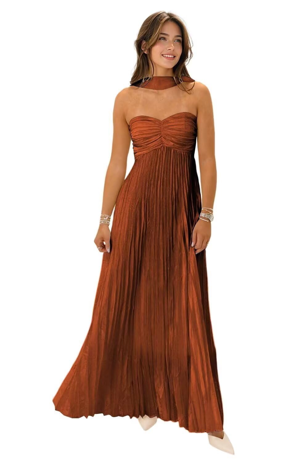 Women's Strapless Chiffon Bridesmaid Dresses with Scarf Long A-Line Pleated Formal Evening Dress