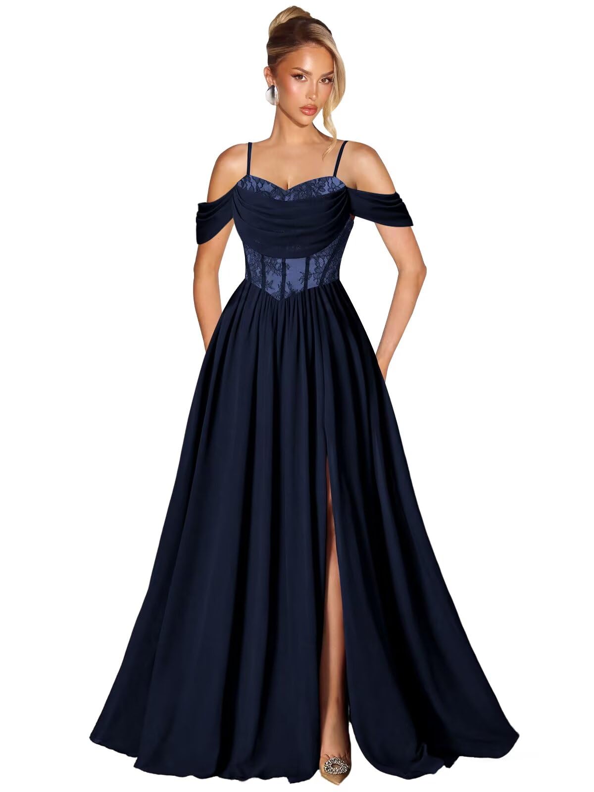 Off Shoulder Lace Applique Prom Dress with Slit A Line Ball Gown Pleated Corset Long Formal Evening Dresses