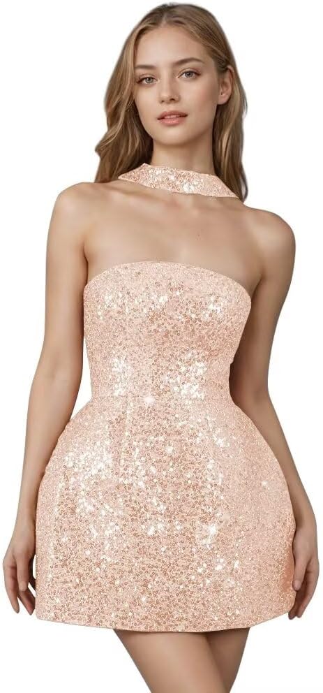 Strapless Sequin Homecoming Dresses for Teens Short Prom Dress Sparkly A-Line Cocktail Party Gowns with Pockets