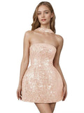 Strapless Sequin Homecoming Dresses for Teens Short Prom Dress Sparkly A-Line Cocktail Party Gowns with Pockets