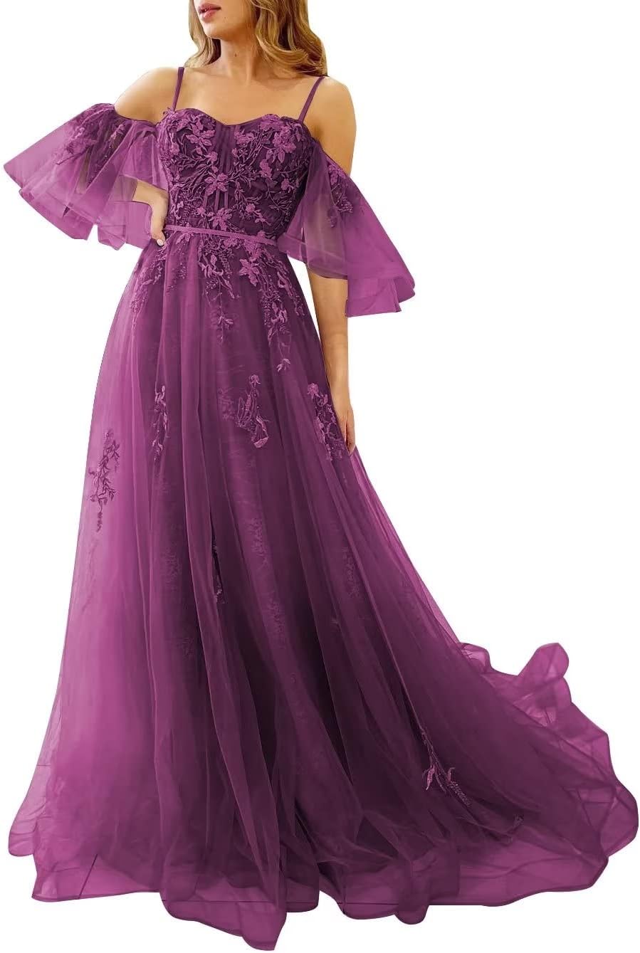 Vestidos de fiesta de tul con hombros descubiertos para adolescentes, vestidos formales con apliques de encaje, vestido de fiesta de noche formal de línea A