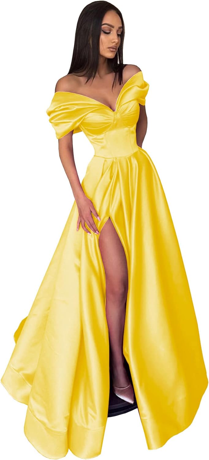 Women’s Off The Shoulder Prom Dresses with Slit Satin Ruched Long Formal Evening Gowns