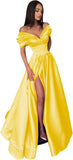 Women’s Off The Shoulder Prom Dresses with Slit Satin Ruched Long Formal Evening Gowns