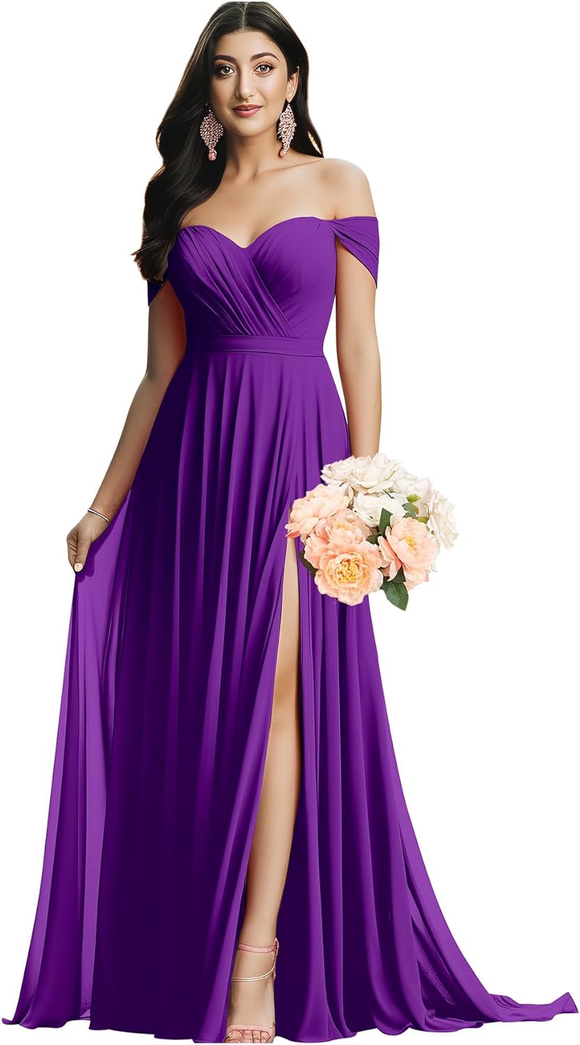 Schulterfreies Brautjungfernkleid für die Hochzeit, gerüschtes Chiffon-Split-Abendkleid mit Taschen 