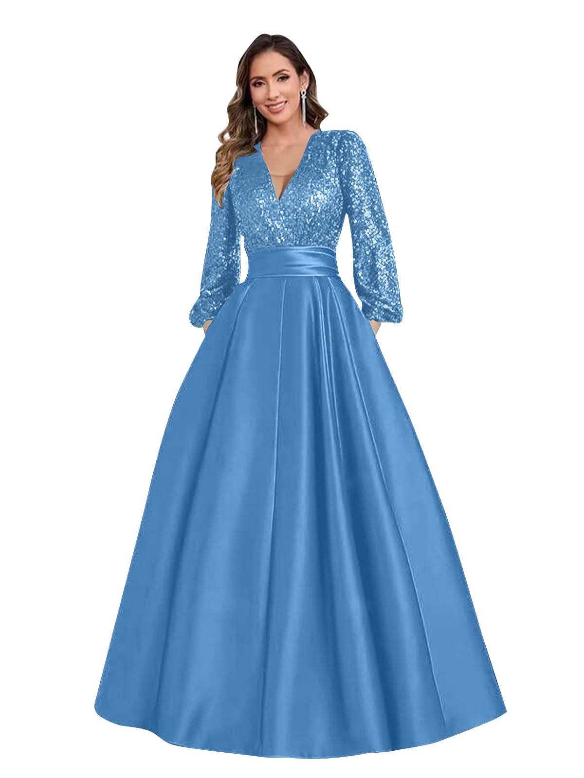 Satin Mother of Bride Dresses Long for Women Sequin Long Sleeve Evening Gown with Pockets