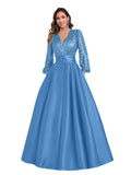 Satin Mother of Bride Dresses Long for Women Sequin Long Sleeve Evening Gown with Pockets