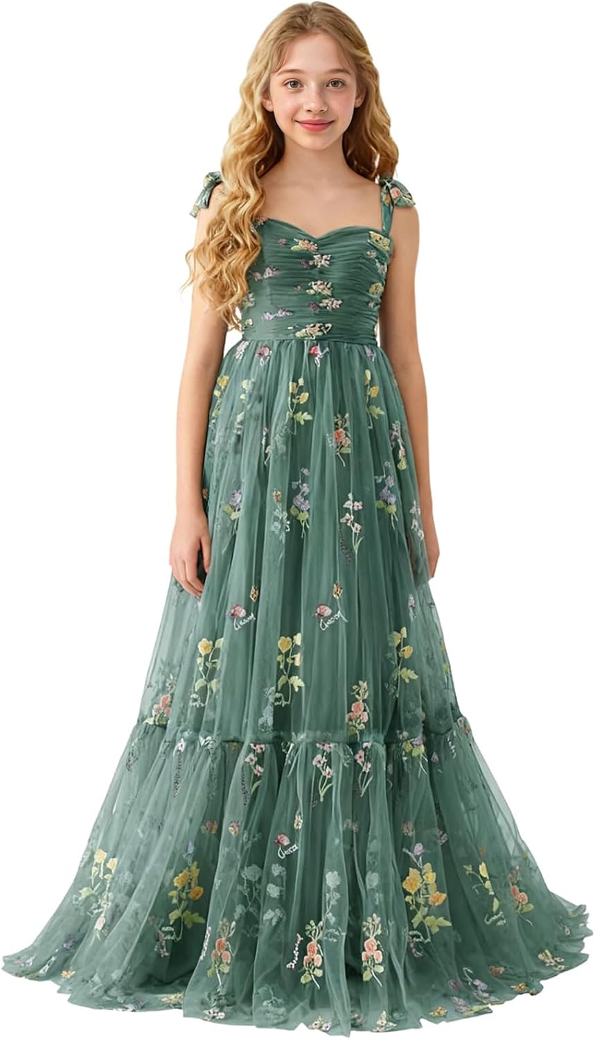 Floral Embroidered Tulle Flower Girl Dress Sweetheart Junior Bridesmaid Dresses Tiered Ruffled Formal Party Prom Gown