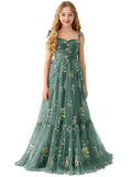 Floral Embroidered Tulle Flower Girl Dress Sweetheart Junior Bridesmaid Dresses Tiered Ruffled Formal Party Prom Gown