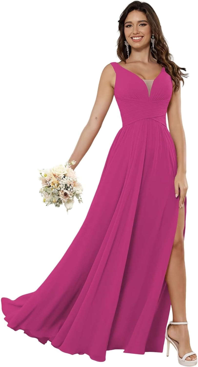 Vestidos de dama de honor sencillos de gasa para mujer con bolsillos, vestidos formales largos con escote en V y abertura 