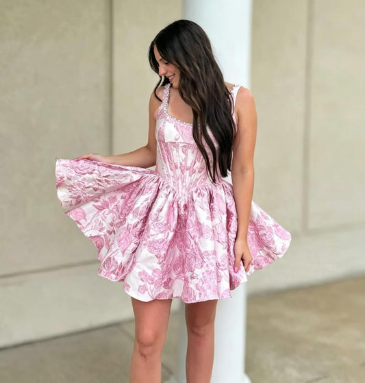 Jacquard Satin Square Neck  Homecoming Dresses Short Corset Floral Prom Dresses for Teens Graduation Gown
