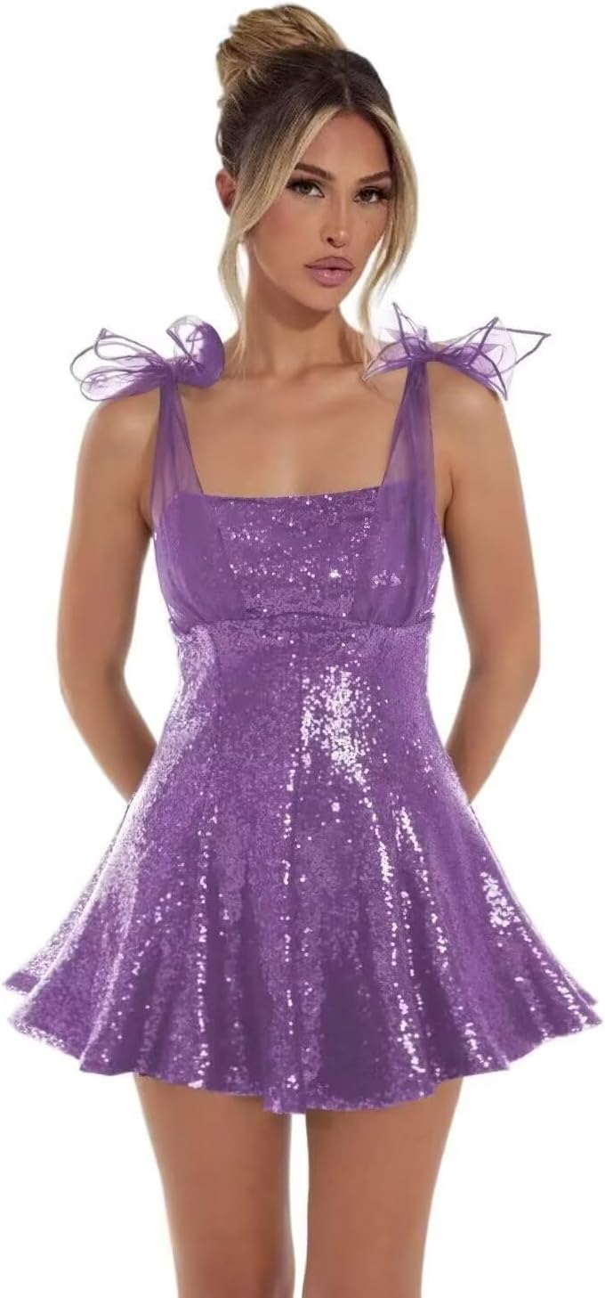 Sparkly Sequin Homecoming Dresses for Teens 2027 Spaghetti Strap Short Prom Dress with Bow Glitter Tulle Cocktail Party Gown