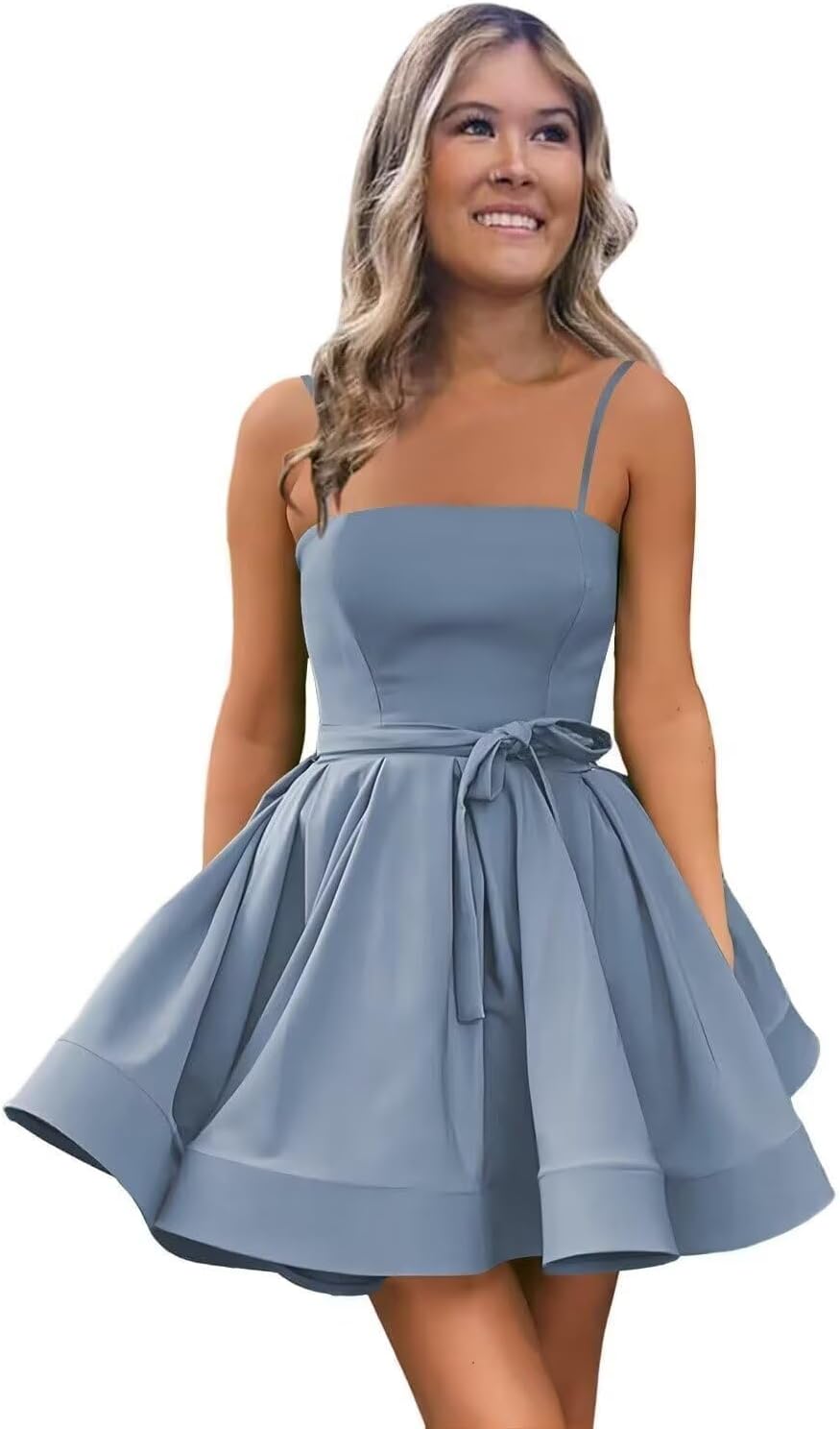 Women’s Short Satin Spaghetti Straps Formal Homecoming Dresses A Line Corset Puffy Prom Gown with Pockets for Teens