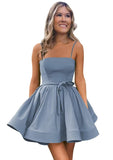 Women’s Short Satin Spaghetti Straps Formal Homecoming Dresses A Line Corset Puffy Prom Gown with Pockets for Teens