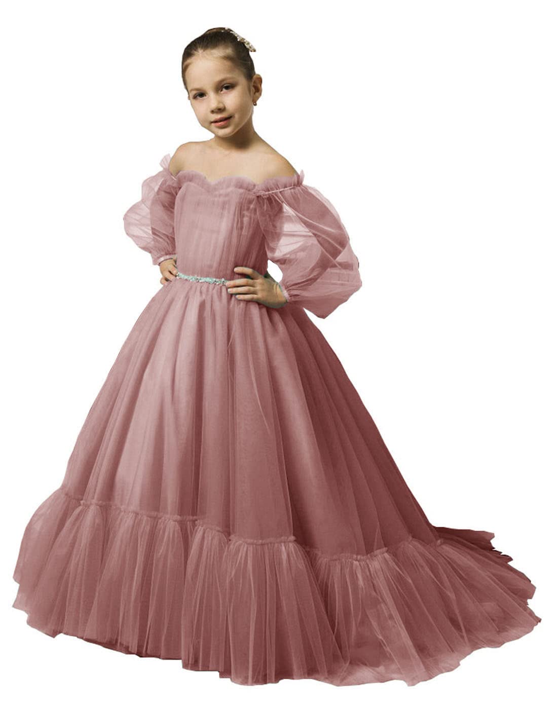 Puffy Sleeves Flower Girl Dress for Wedding Tulle Princess Pageant Dress Kids Prom Ball Gown with Belt