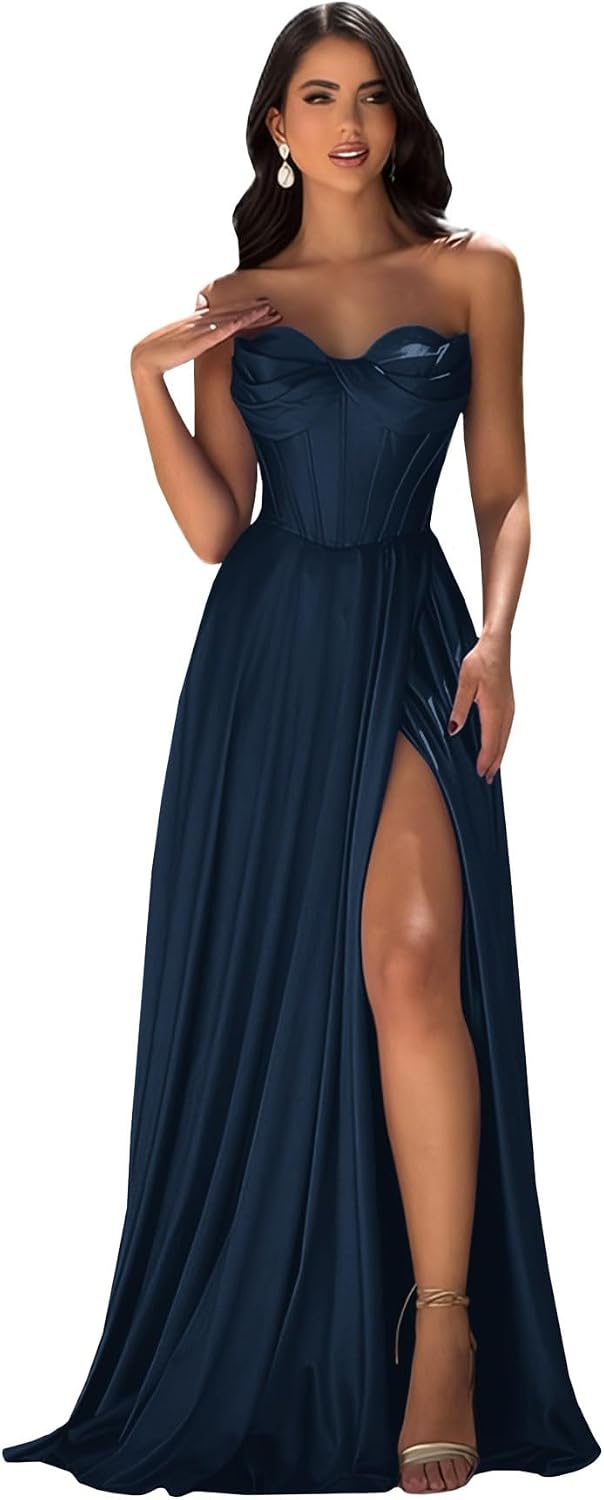 Strapless Prom Dress with Slit Satin A Line Long Ball Gowns for Women Sweetheart Corset Formal Dress with Pockets