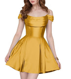 Satin Homecoming Dresses Short Wedding Dresses 2027 Off Shoulder Prom Dress with Pockets A Line Formal Party Gown