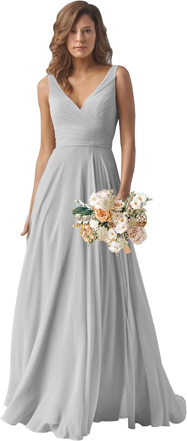Chiffon Bridesmaid Dresses Long for Women A Line Ruched Formal Porm Evening Gowns