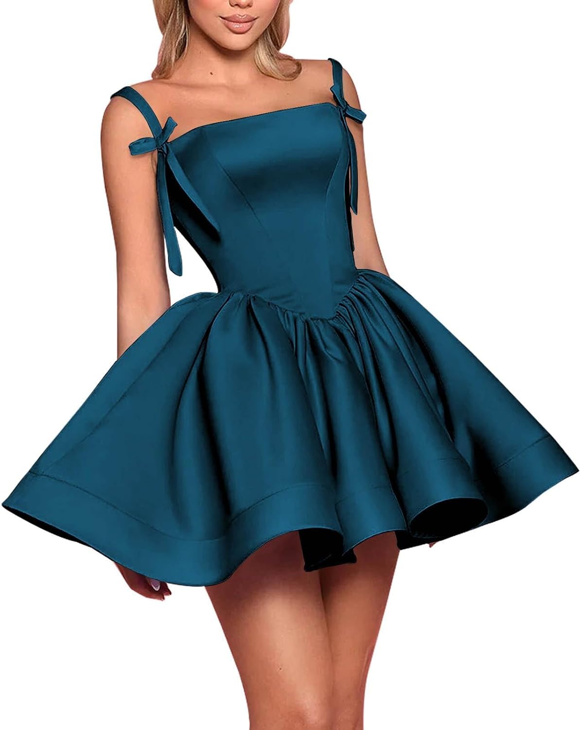 Satin Homecoming Dresses for Teens 2027 Spaghetti Straps Square Neck A-line Short Prom Dresses with Pockets