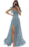 Tulle Prom Dresses with Slit Spaghetti Straps A Line Maxi Long Formal Dress